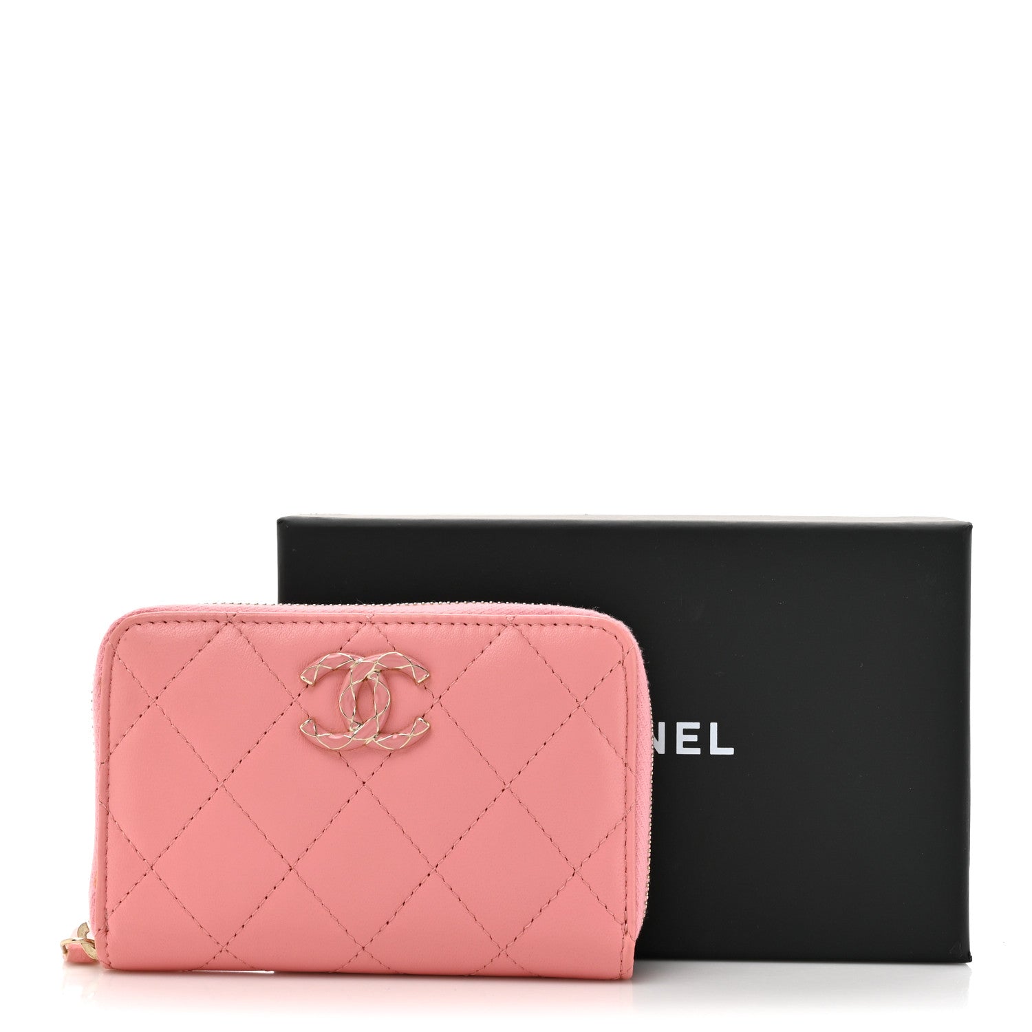 Lambskin Enamel Quilted Zip Around Coin Purse Wallet Pink