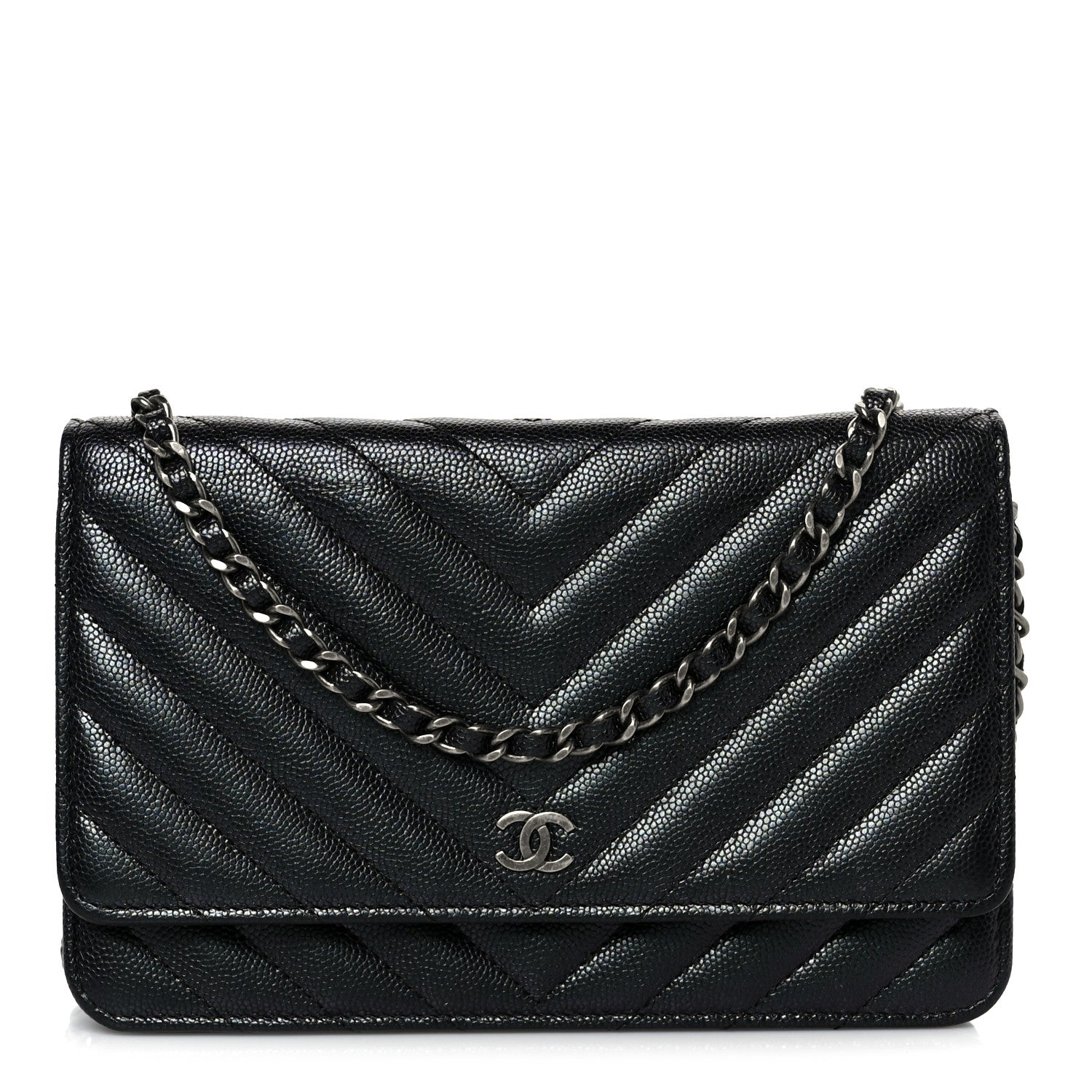 Iridescent Caviar Chevron Quilted Wallet On Chain WOC Black