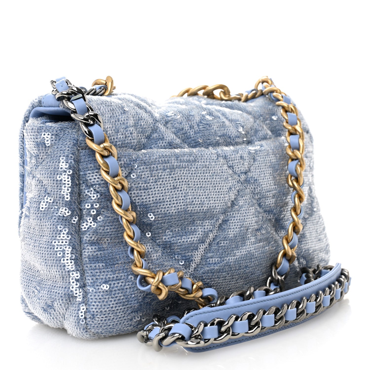 Sequin Quilted Medium Chanel 19 Flap Light Blue
