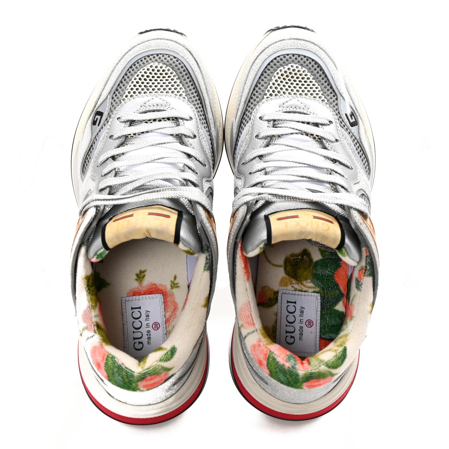 Metallic Calfskin Glitter Mesh Womens Ultrapace Sneakers 38 Silver Light Grey Mystic White