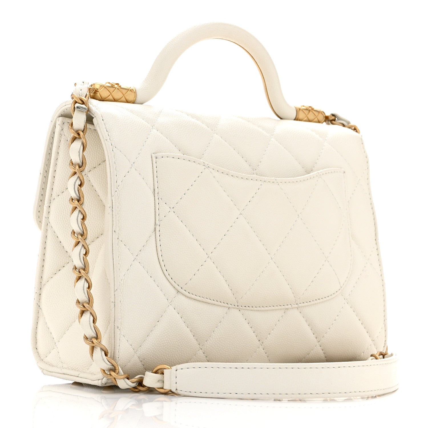 Shiny Caviar Quilted Small Top Handle Flap White