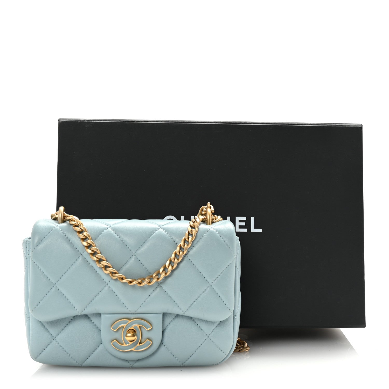Lambskin Enamel Quilted Mini Pending CC Square Flap Light Blue