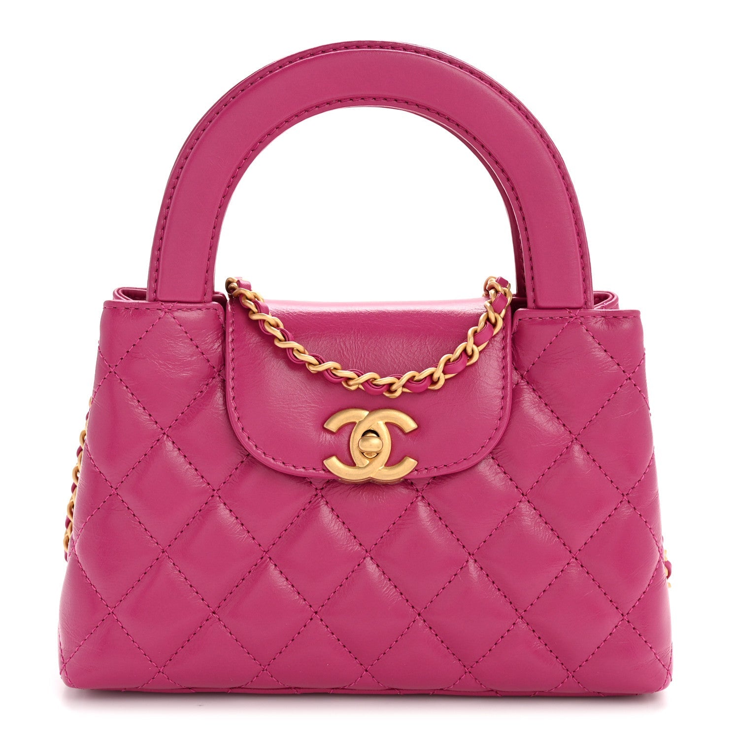 Shiny Aged Calfskin Quilted Nano Kelly Shopper Dark Pink