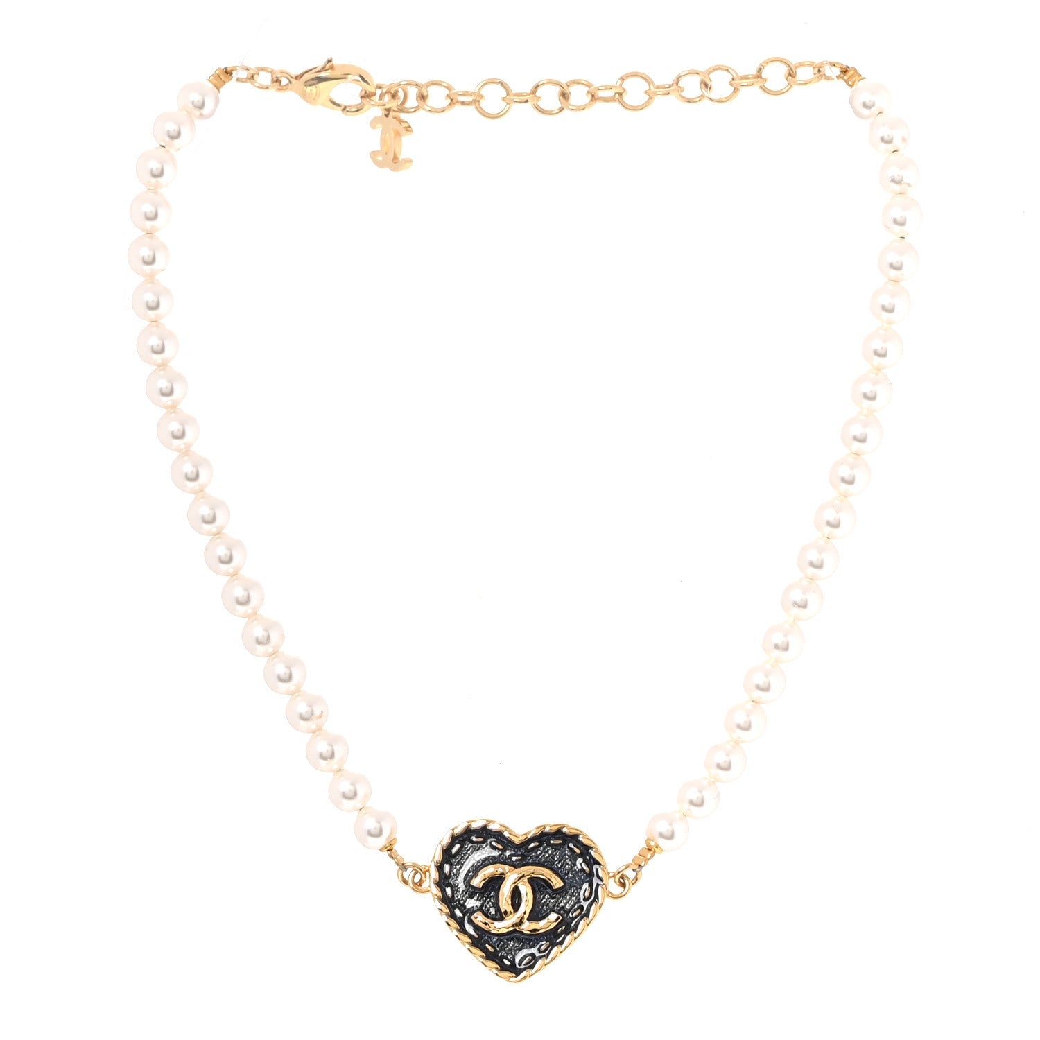 Metal Denim CC Heart Choker Gold Blue Pearly White