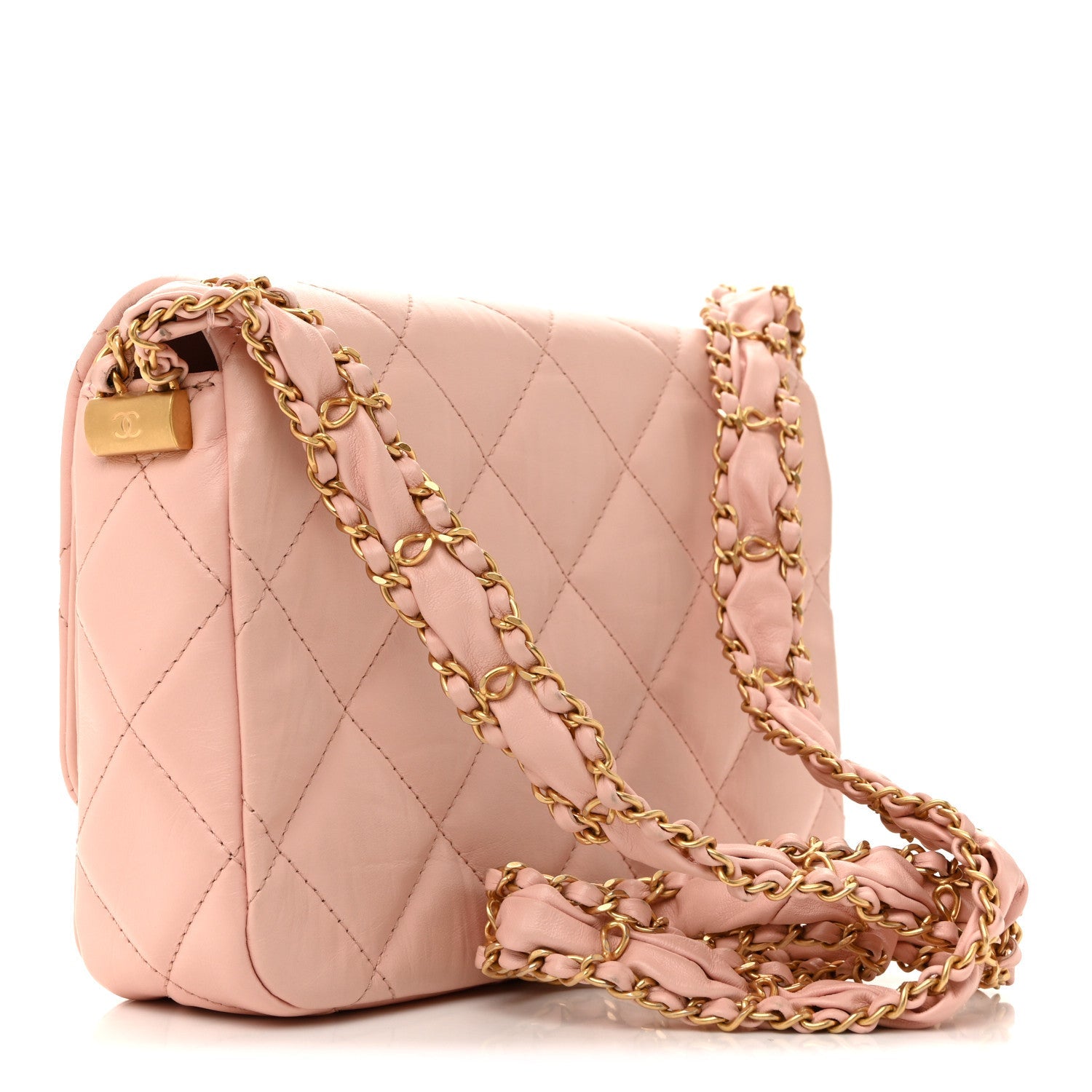 Crumpled Calfskin Quilted Braided CC Flap Light Pink