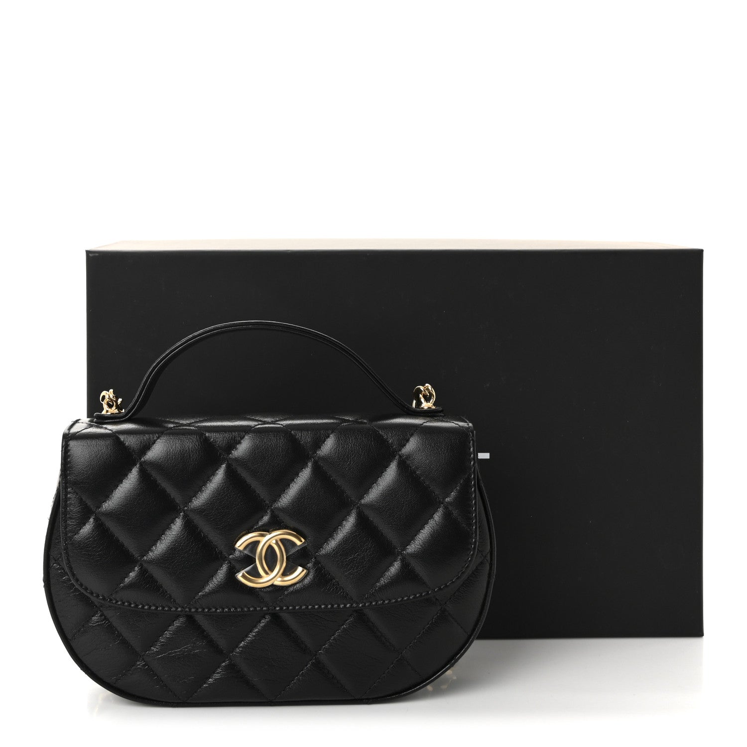 Shiny Aged Calfskin Quilted Flap Phone Holder With Chain Black