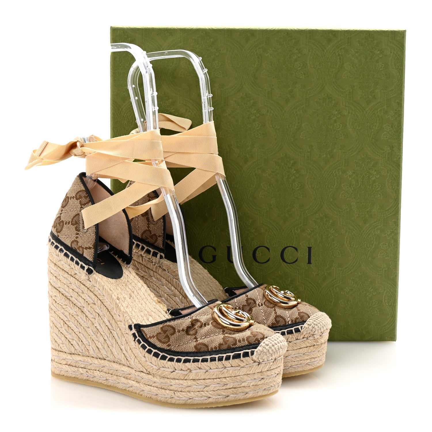 Monogram Matelasse GG Marmont Ankle Wrap Platform 35/120mm Espadrille Wedges 35.5 Beige Ebony Black Sand Storm