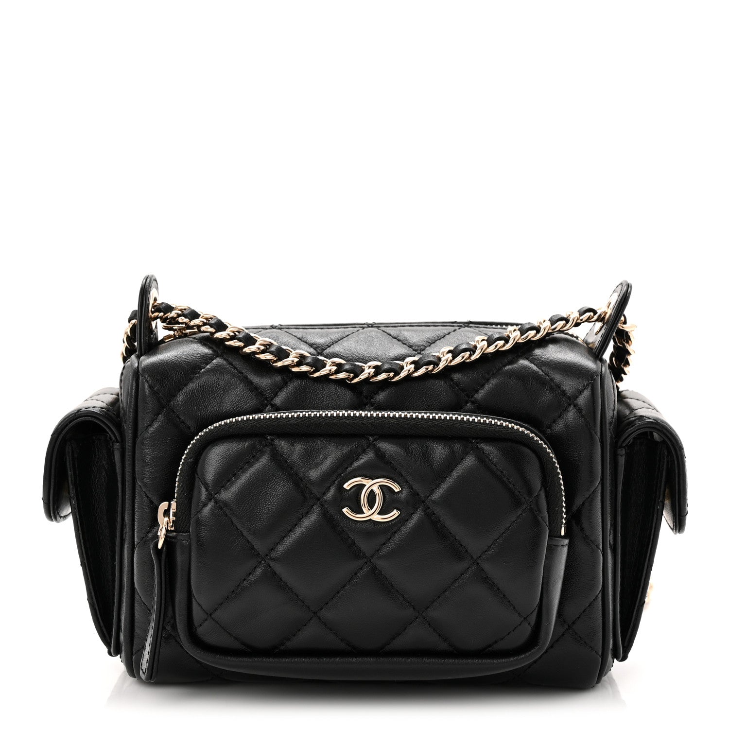 Shiny Crumpled Lambskin Quilted Small Preppy Pocket Camera Case Black