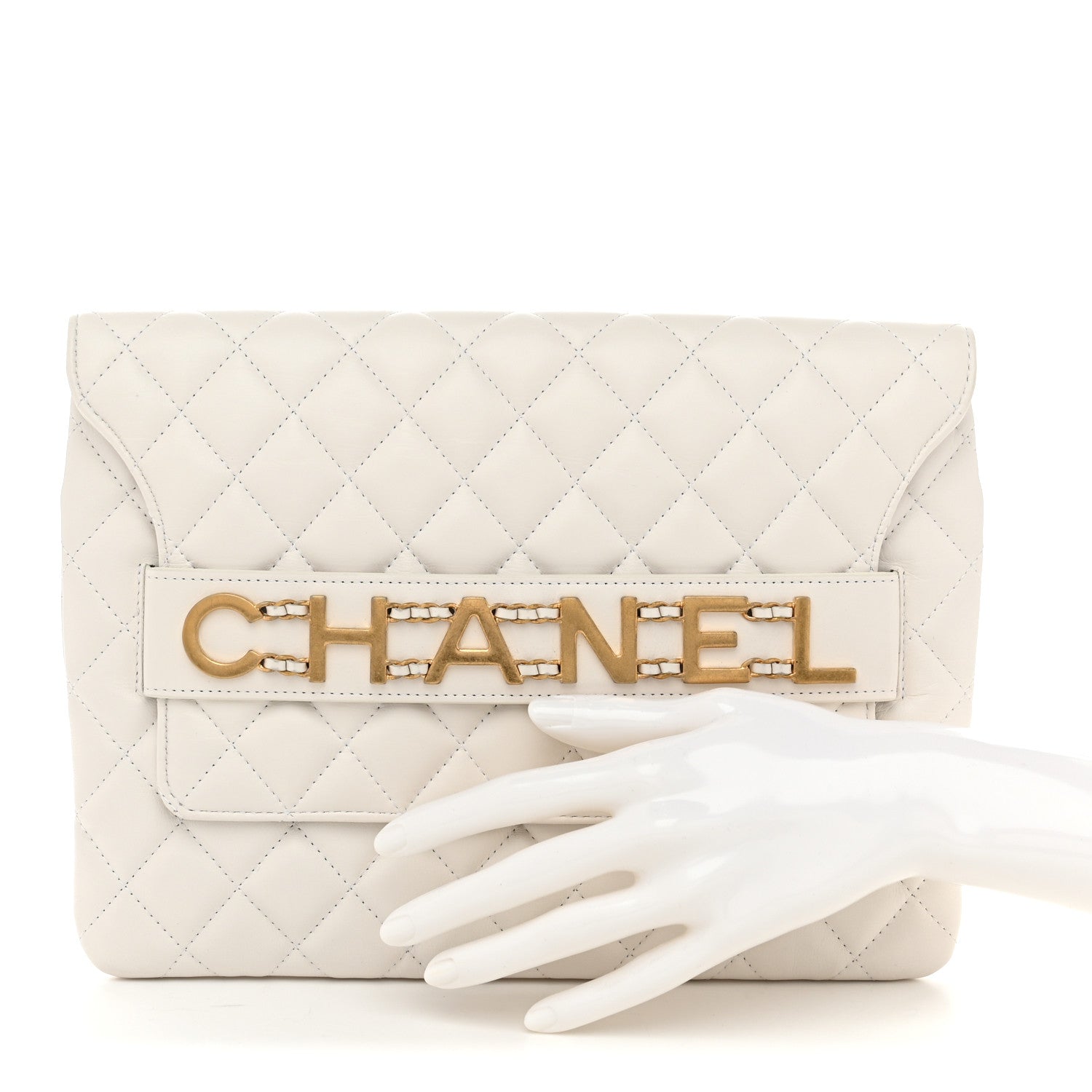 Calfskin Quilted Enchained Clutch White