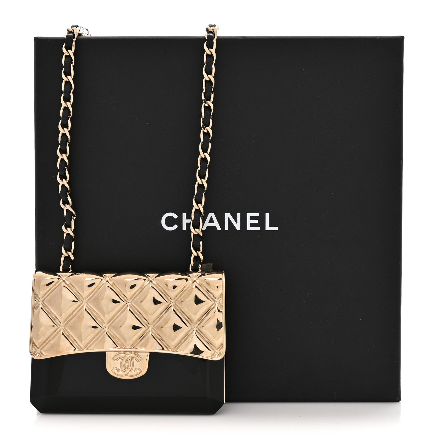 Metal Resin Lambskin Flap Bag Long Necklace Gold Black