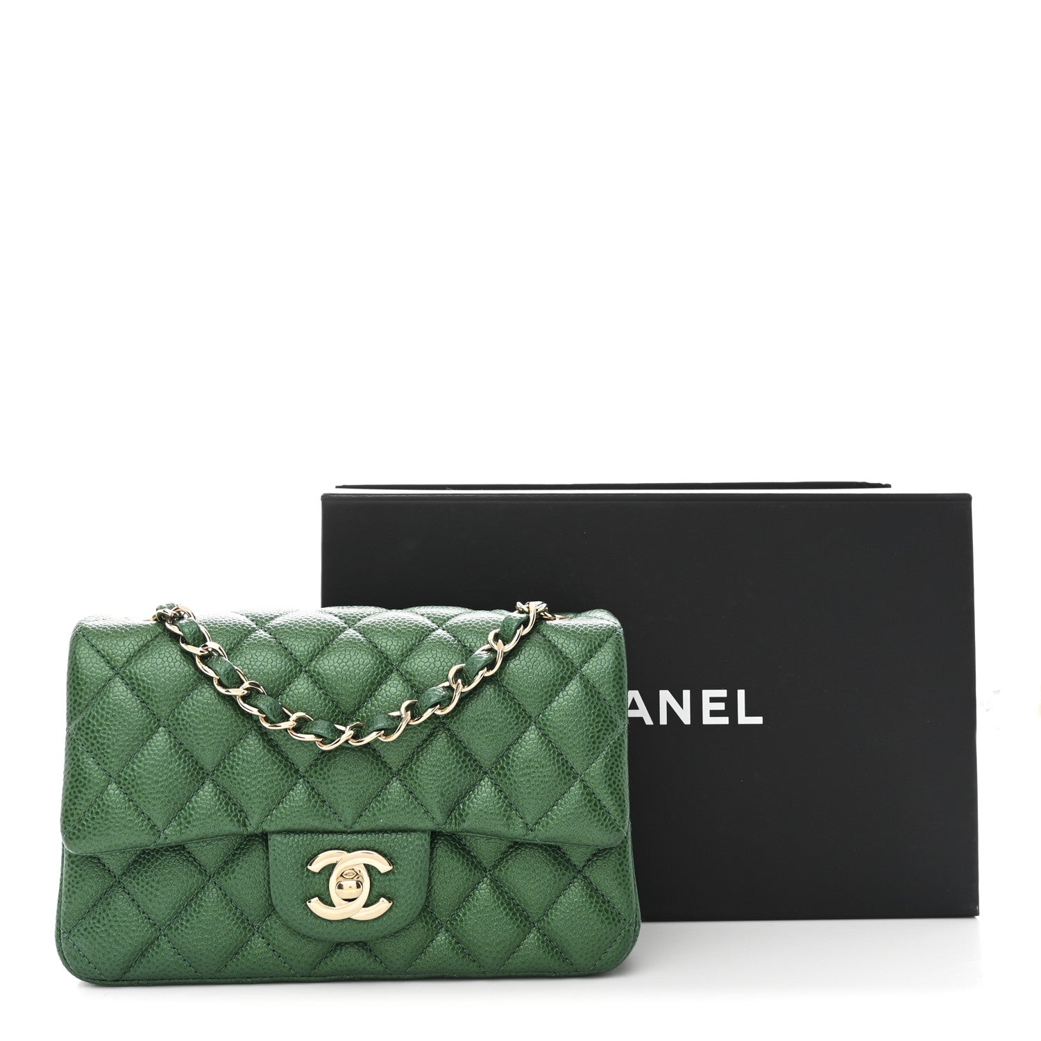 Metallic Caviar Quilted Mini Rectangular Flap Green