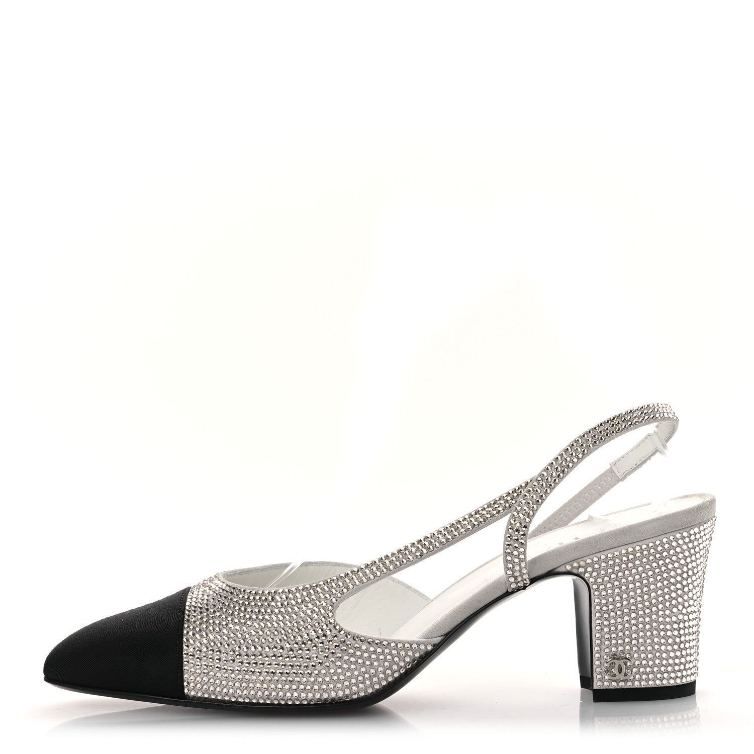 Strass Grosgrain Cap Toe CC Slingback Pumps 40.5 Silver Black