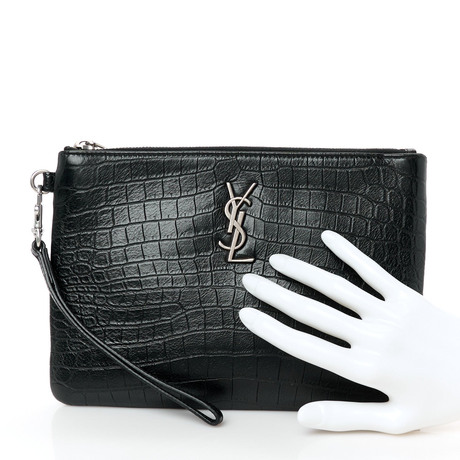 Calfskin Crocodile Embossed Monogram Zip Pouch Black