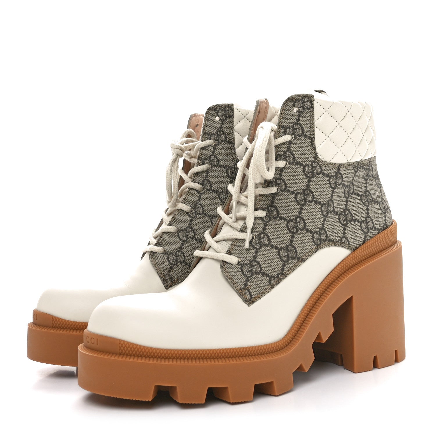 Calfskin GG Supreme Monogram Nappa Quilted Lace Up Ankle Boots 41 Mystic White Beige