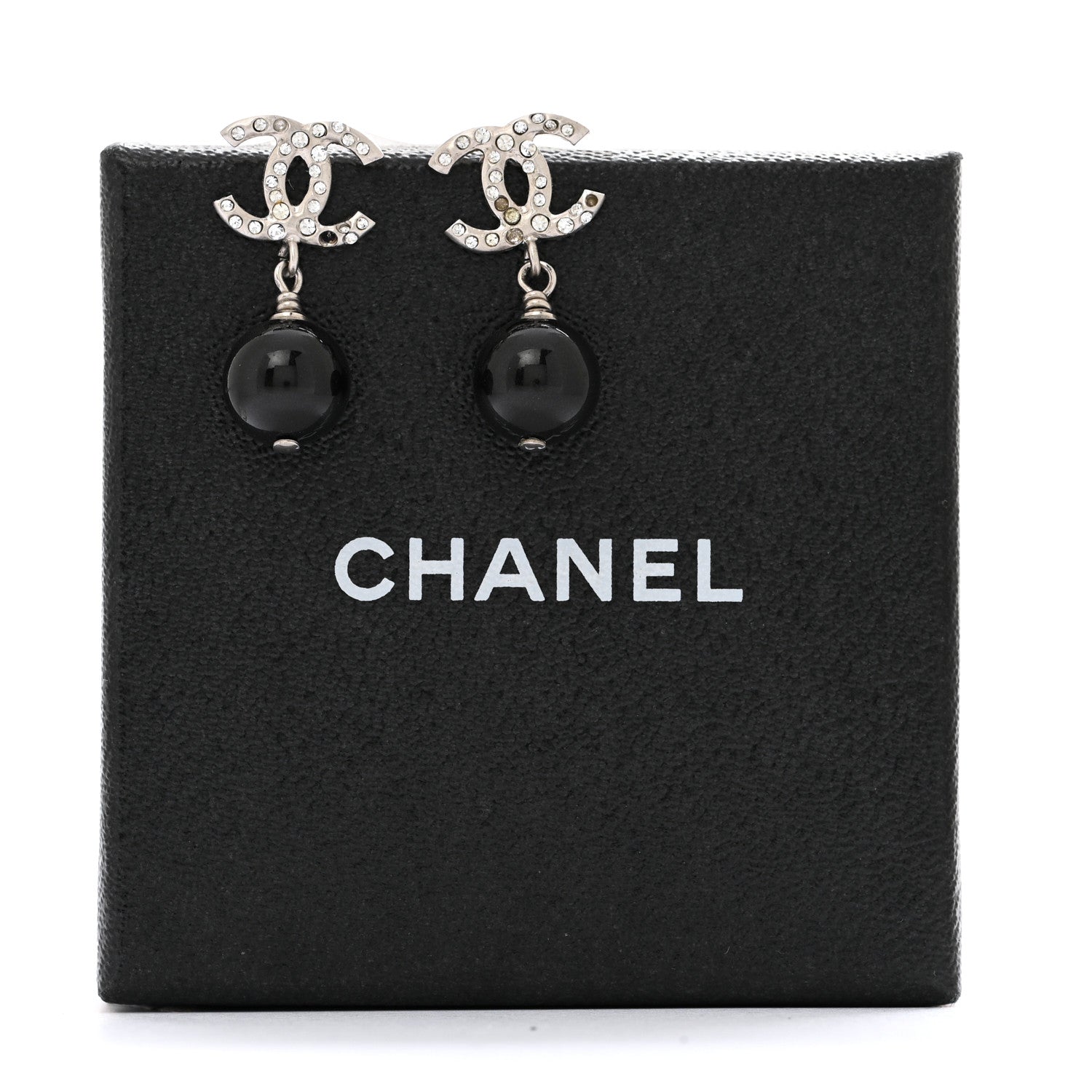 Crystal Pearl CC Drop Earrings Black Silver