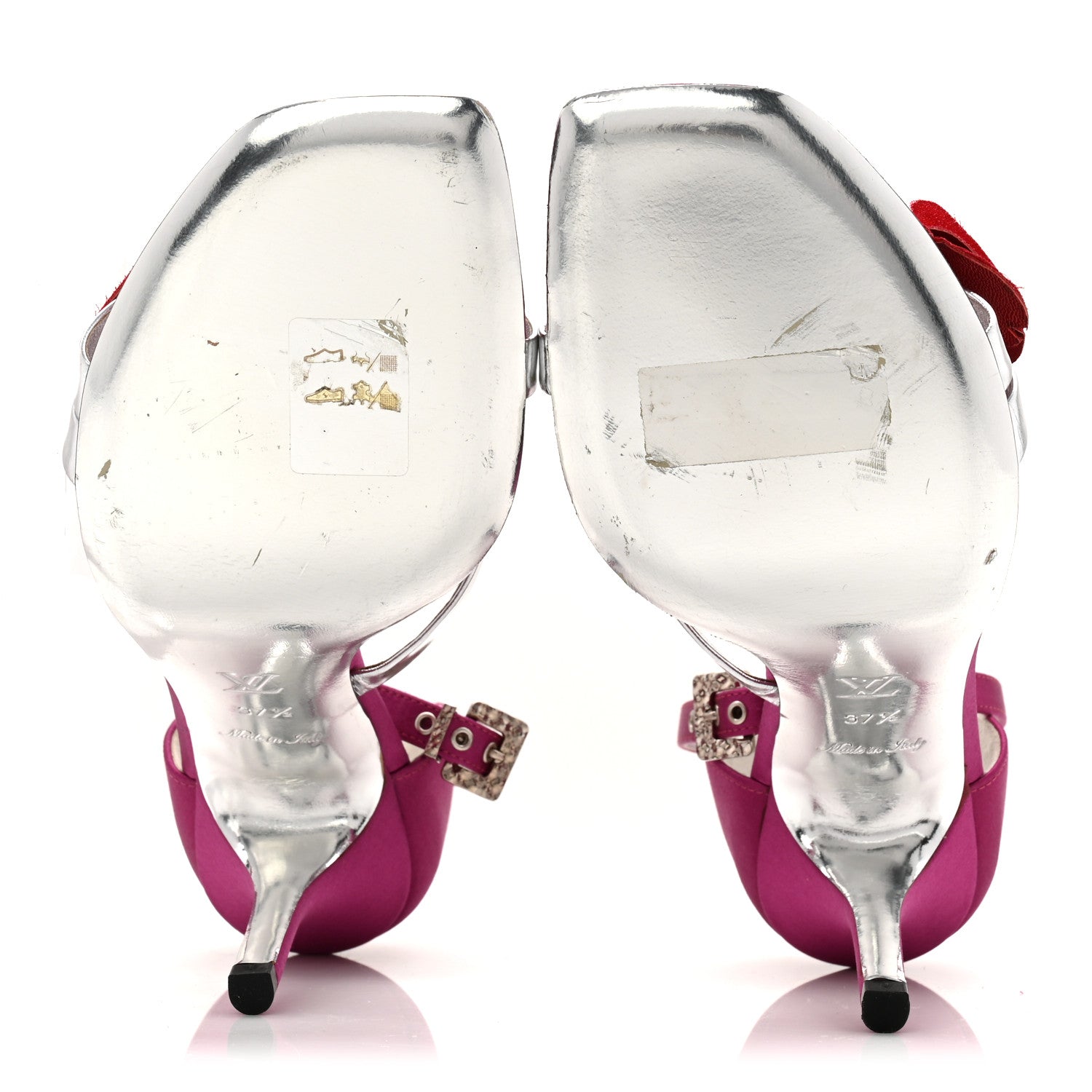 Satin Flower Amber Ankle Sandals 37.5 Fuchsia Red Silver