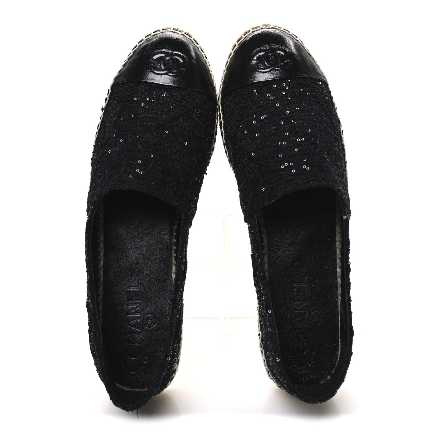 Tweed Patent Goatskin Sequin CC Espadrilles 41 Black