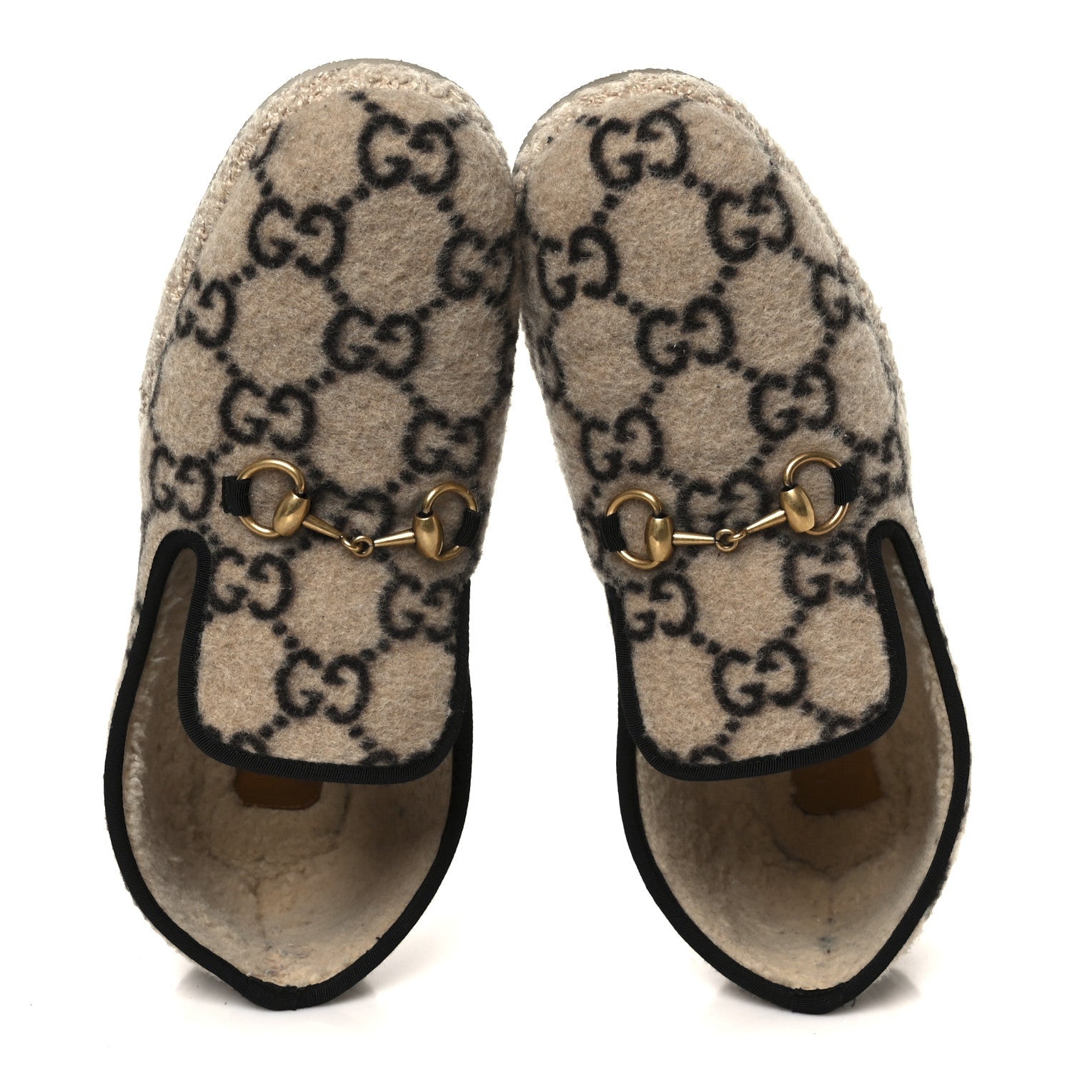 Covered Wool GG Monogram Mens Fria Horsebit Loafers 9 Beige Ebony Black Butterscotch
