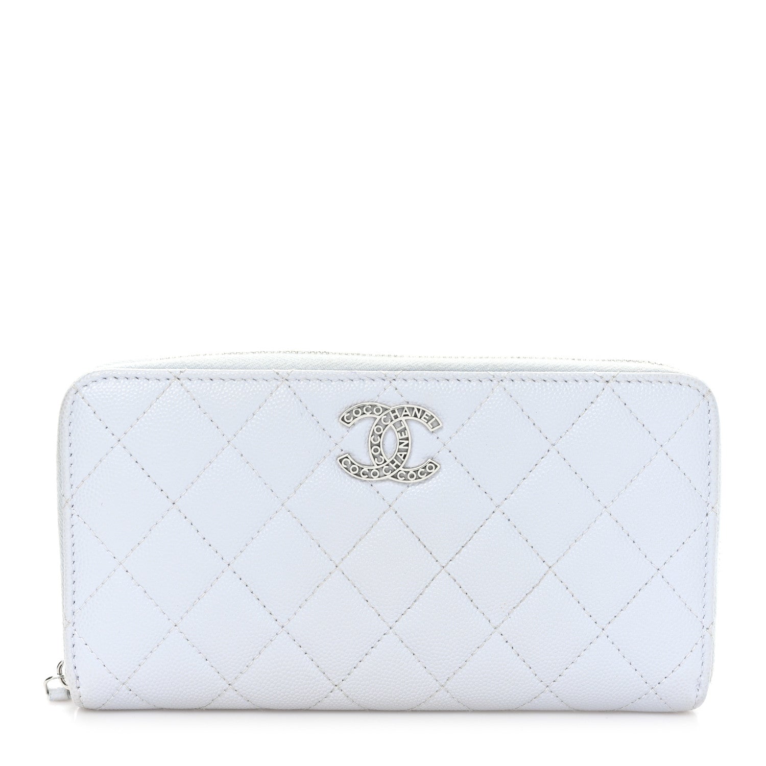 Caviar Quilted Coco Chanel Logo CC Large Gusset Zip Around Wallet Light Blue