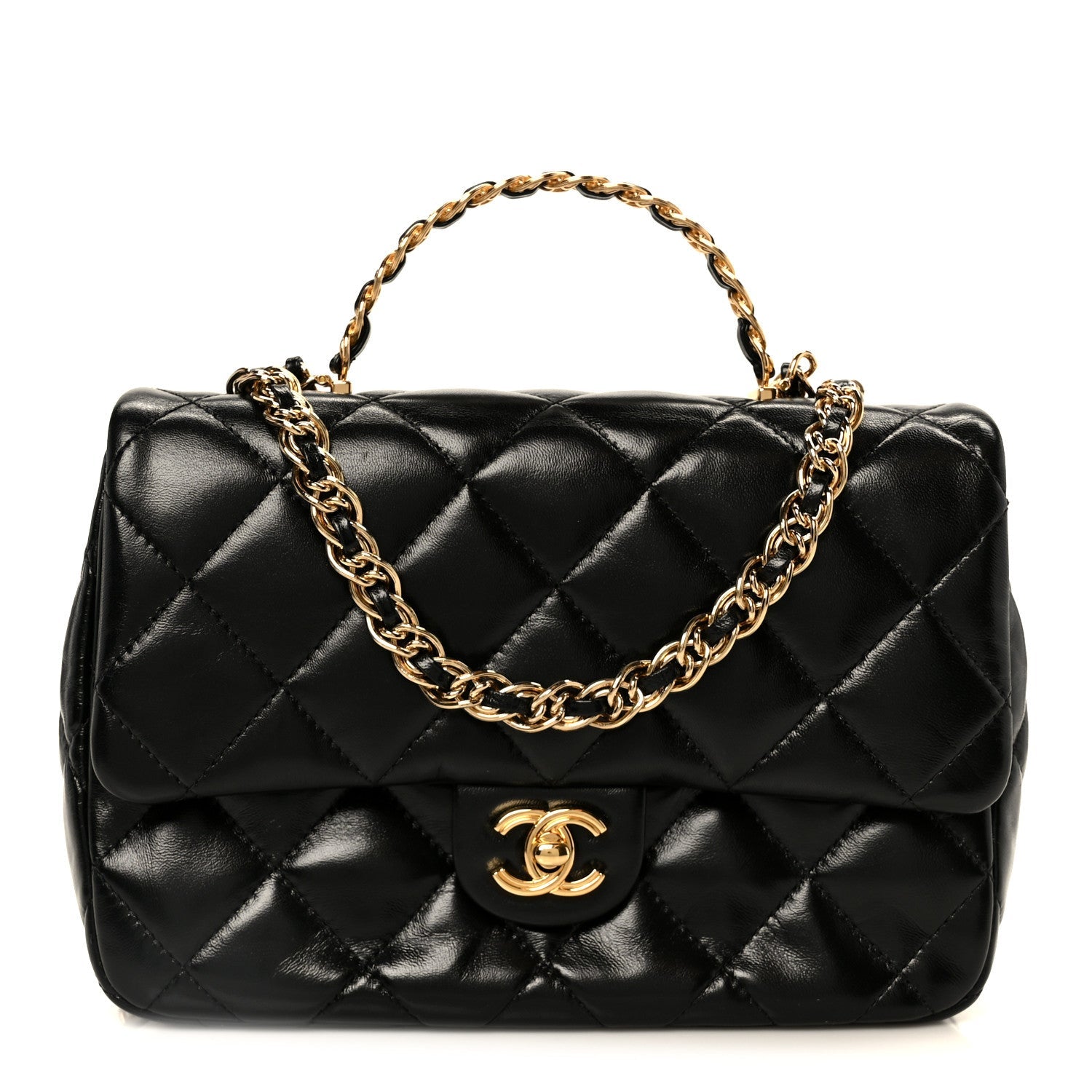Shiny Lambskin Quilted Golden Links Top Handle Flap Black