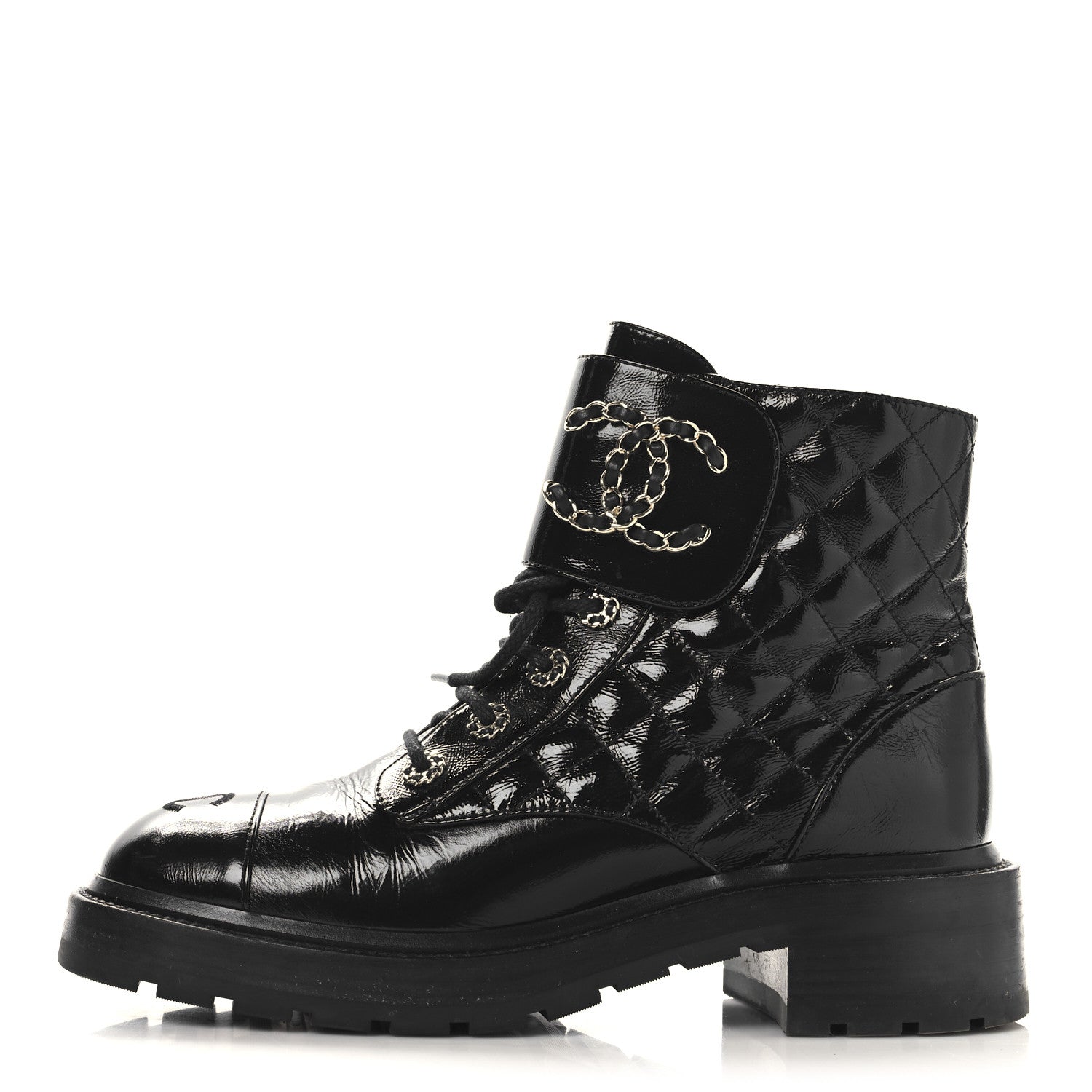 Shiny Calfskin Quilted Lace Up Combat Boots 39 Black
