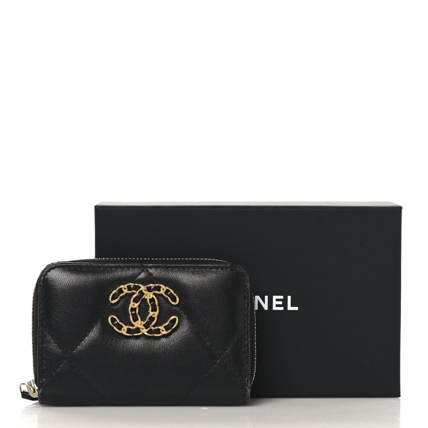 Lambskin Quilted Chanel 19 Zip Around Coin Purse Wallet Black