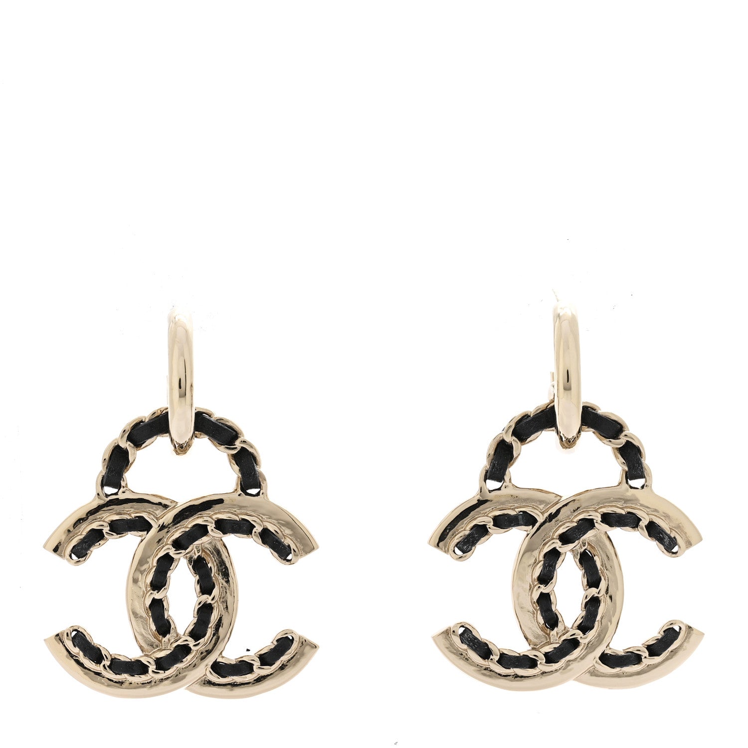 Lambskin Chain CC Drop Earrings Black Gold