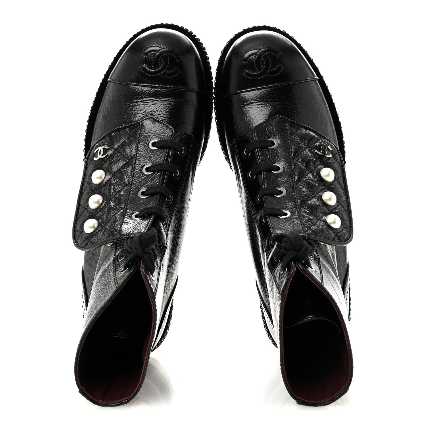 Crackled Calfskin Velvet Pearl Combat Short Boots 38.5 Black