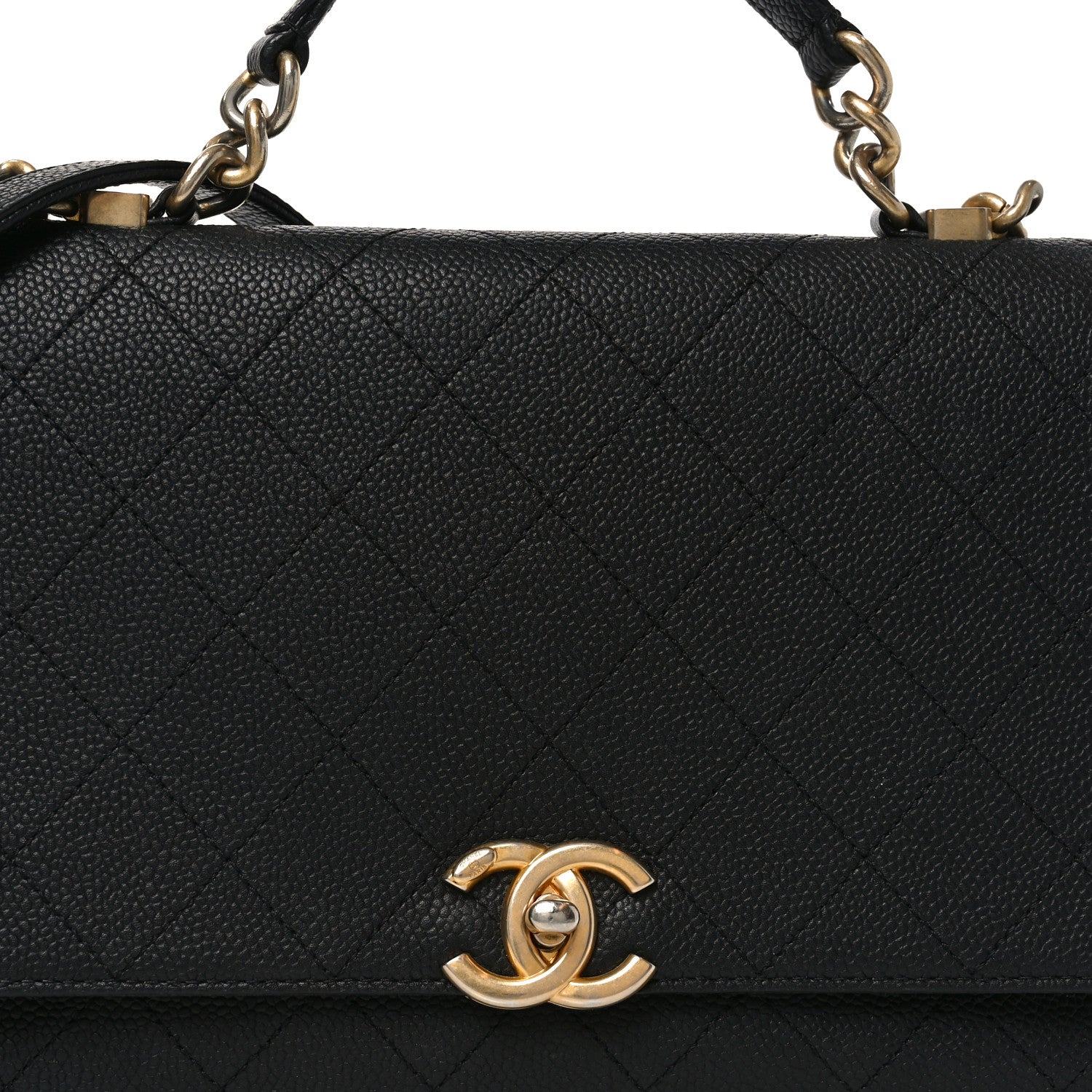 Caviar Diamond Stitched Top Handle Flap Black