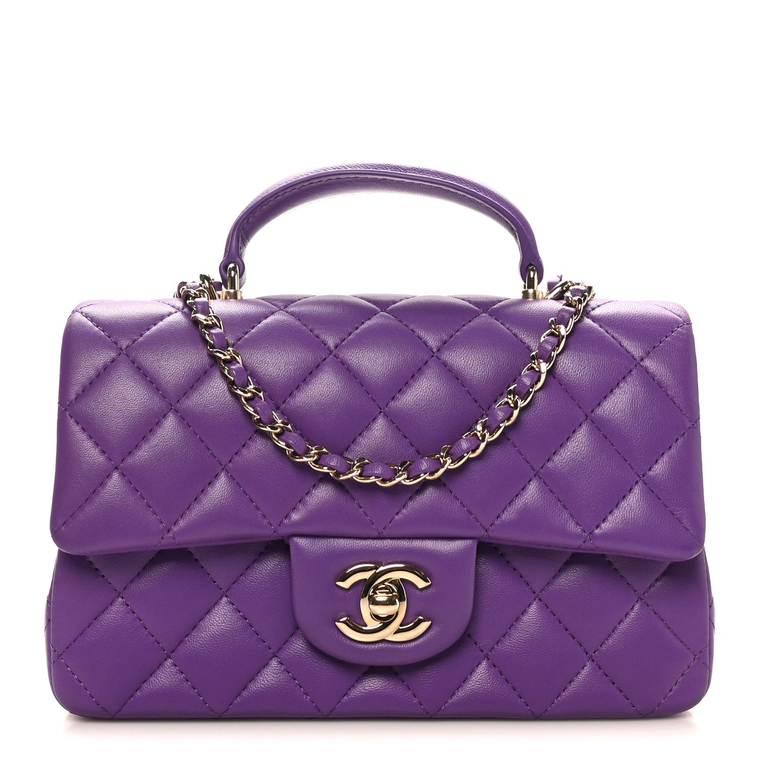 Lambskin Quilted Mini Top Handle Rectangular Flap Dark Purple
