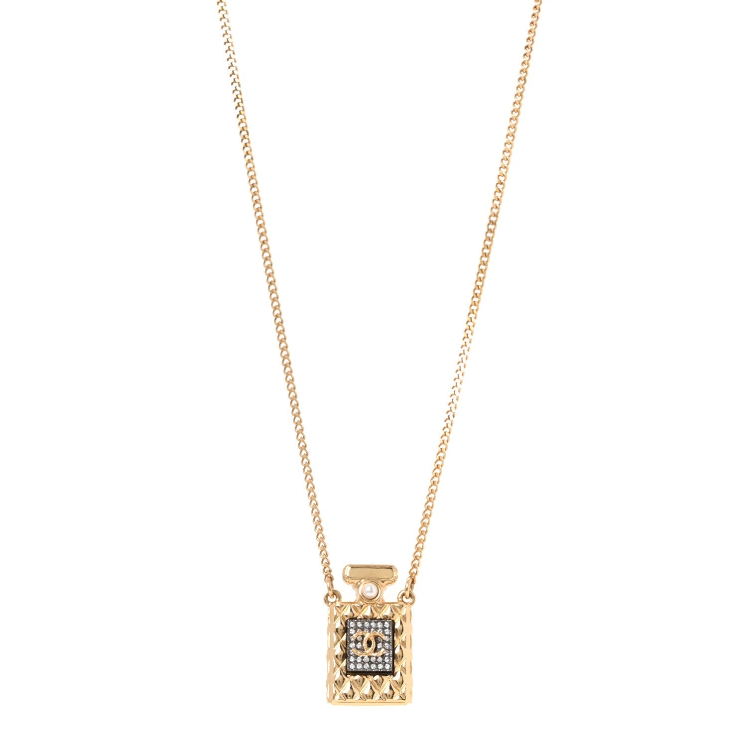 Crystal Pearl Perfume Bottle CC Necklace Gold Black