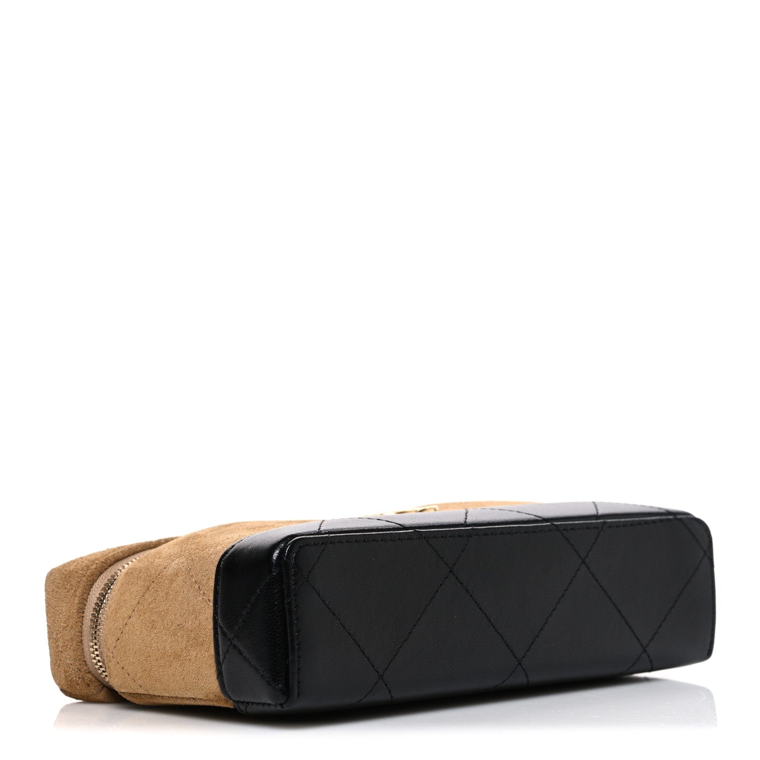 Suede Calfskin Shiny Lambskin Stitched Top Handle Slim Vanity Case With Chain Beige Black