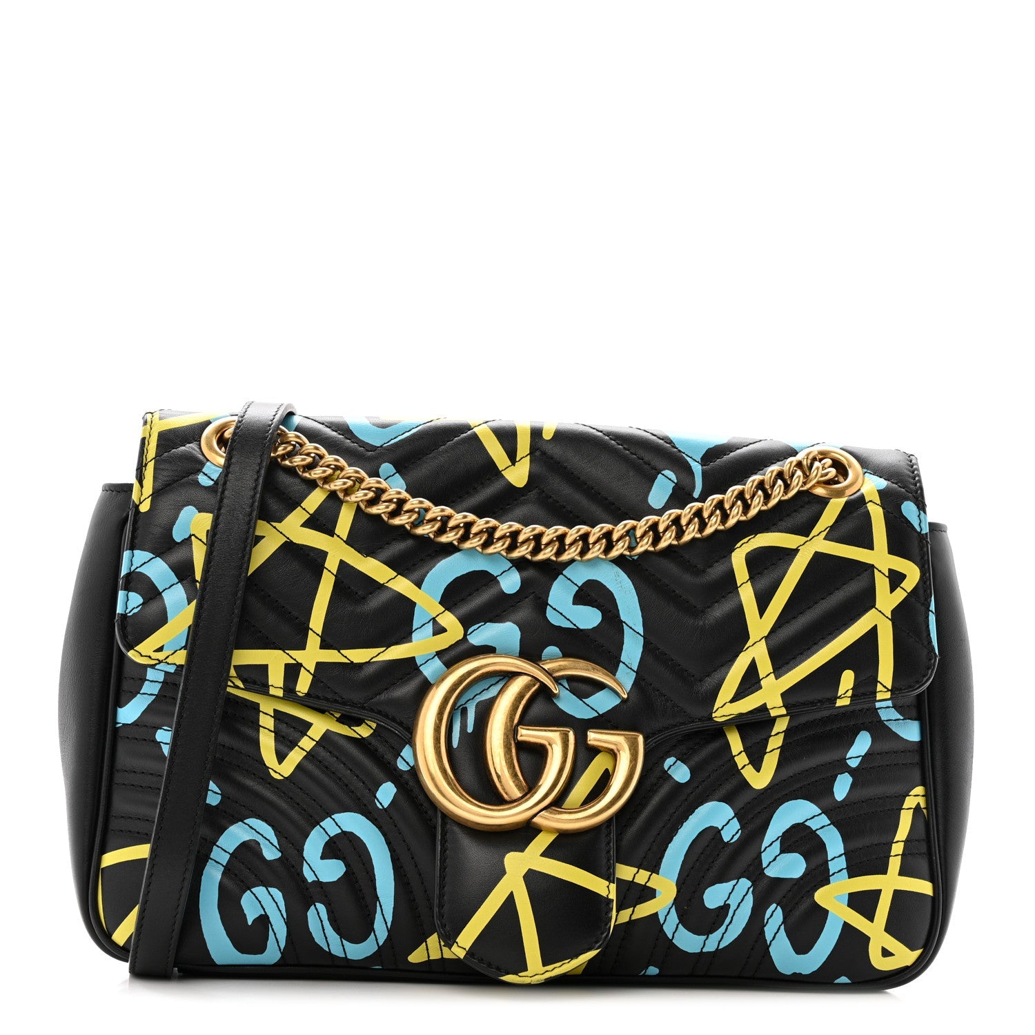 Calfskin Matelasse GucciGhost Medium GG Marmont Shoulder Bag Black New Acquamarine