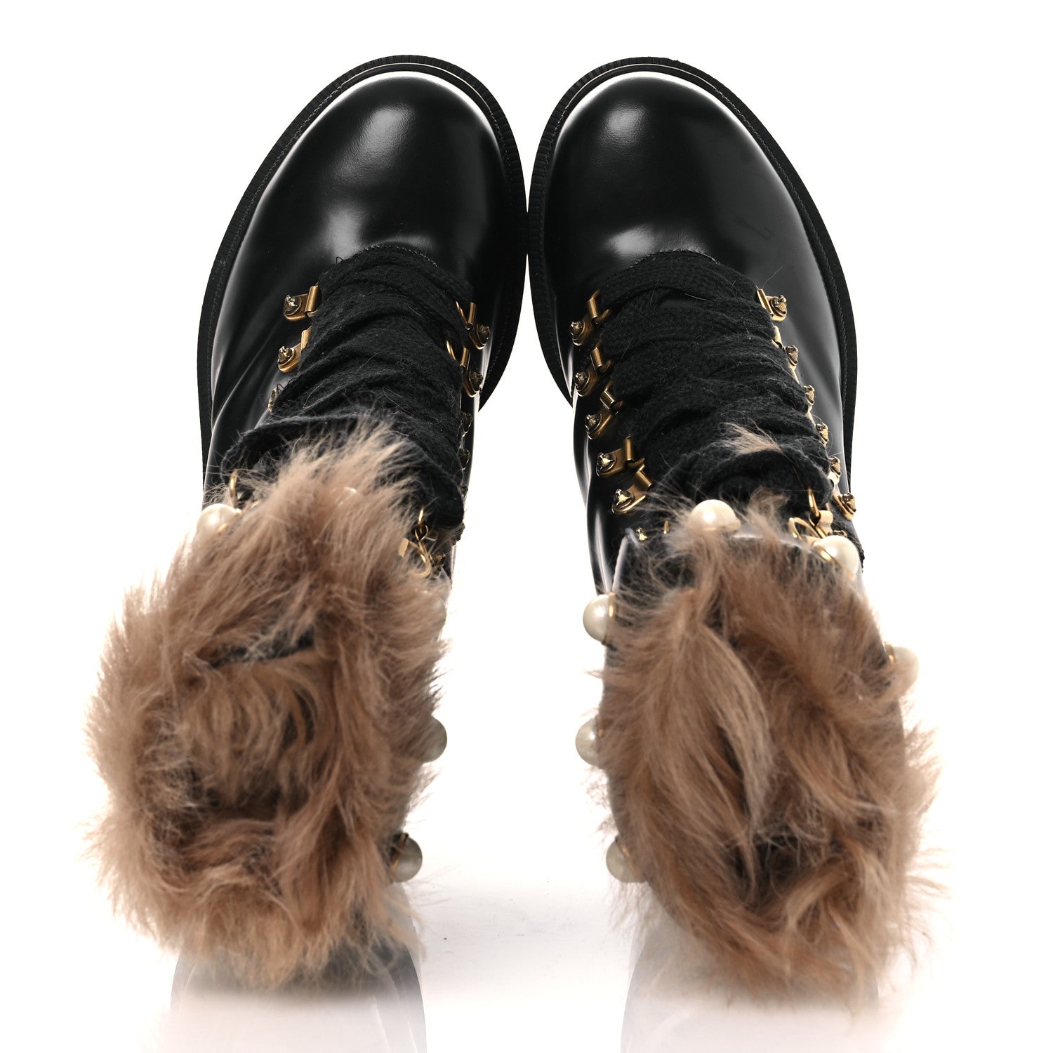 Magnum Calfskin Fur Pearl Lace Up Combat Ankle Boots 39.5 Black Naturale
