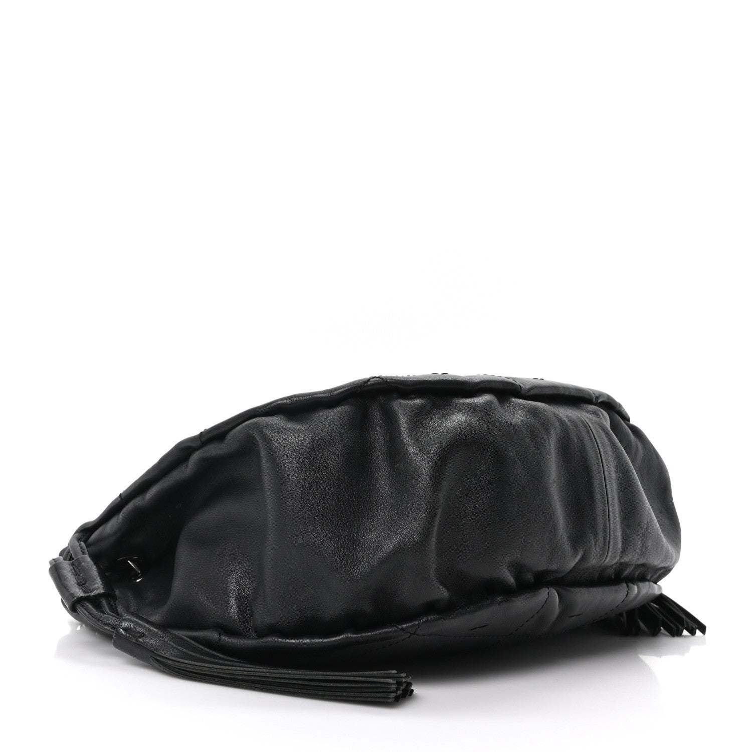 Lambskin Stitched Chocolate Bar Chain Fringe Hobo Black
