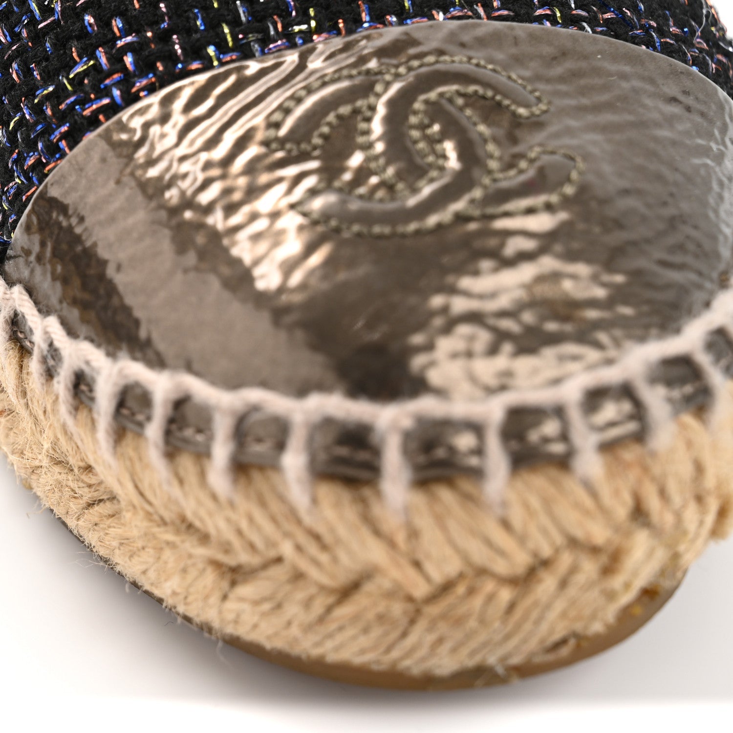 Metallic Tweed Patent CC Espadrilles 37 Black Silver