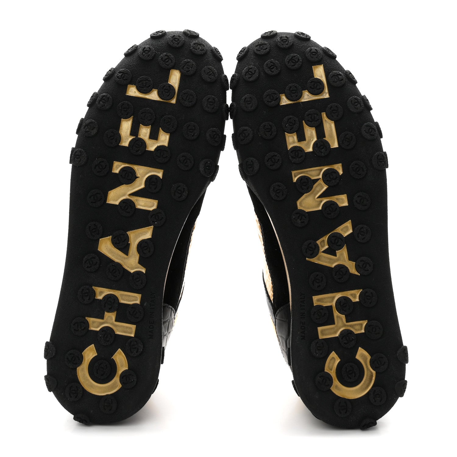 Metallic Fabric Calfskin Suede Crocodile Embossed CC Sneakers 38.5 Black Gold