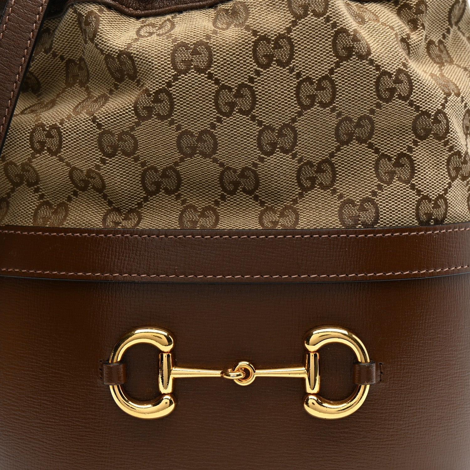 Monogram Textured Calfskin Horsebit 1955 Drawstring Bucket Bag Beige Brown Sugar