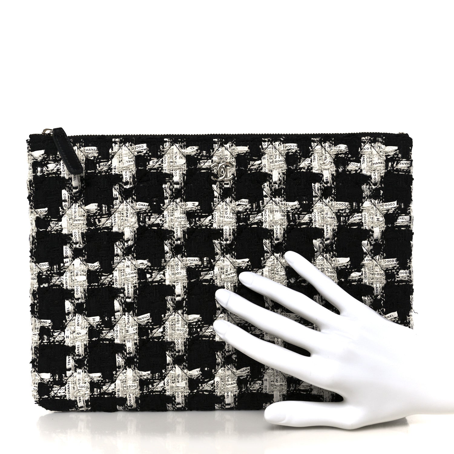 Tweed Quilted Medium Cosmetic Pouch Black Ecru White