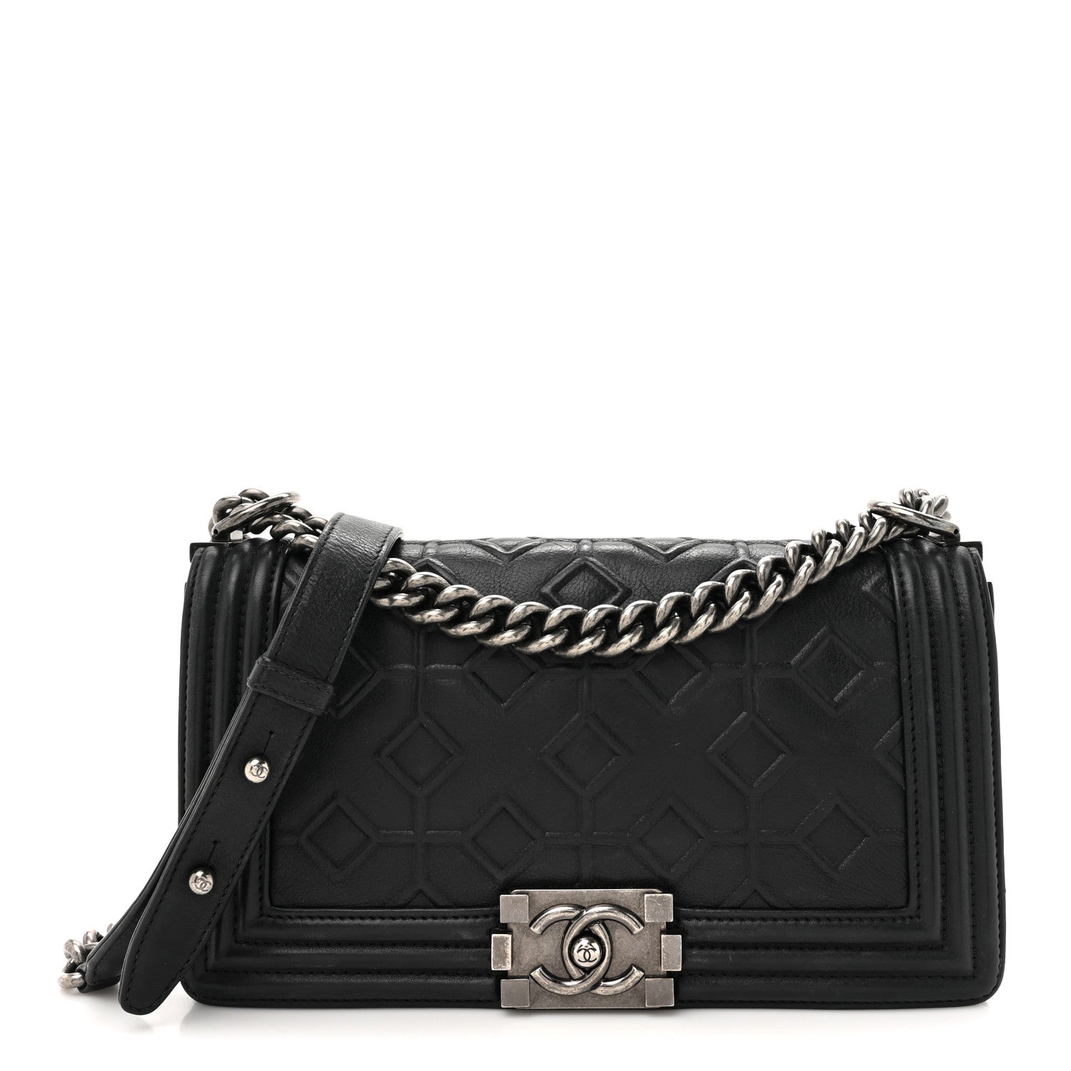 Calfskin Crystal Embossed Medium Boy Flap Black