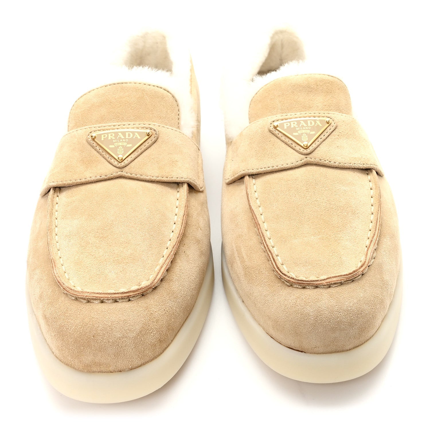 Suede Shearling Triangle Logo Loafer 39 Ecru