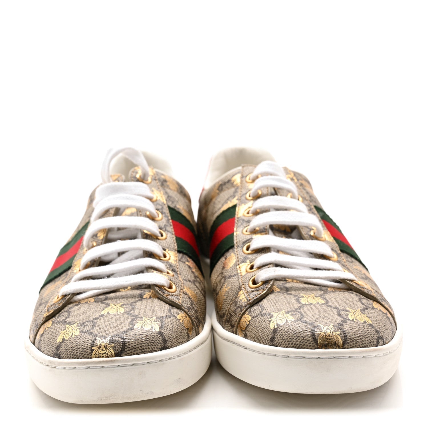 GG Supreme Monogram Bees Ayers Web Womens Ace Sneakers 38.5 Beige Oro Green Red