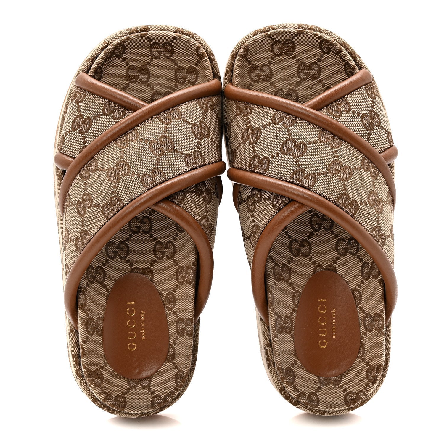 Monogram GG Calfskin Angelina Platform 55mm Slide Sandals 35 Camel Ebony