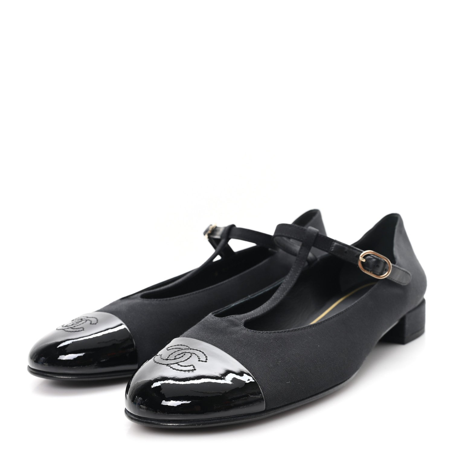 Grosgrain Patent Calfskin Cap Toe T Strap CC Flats 38 Black