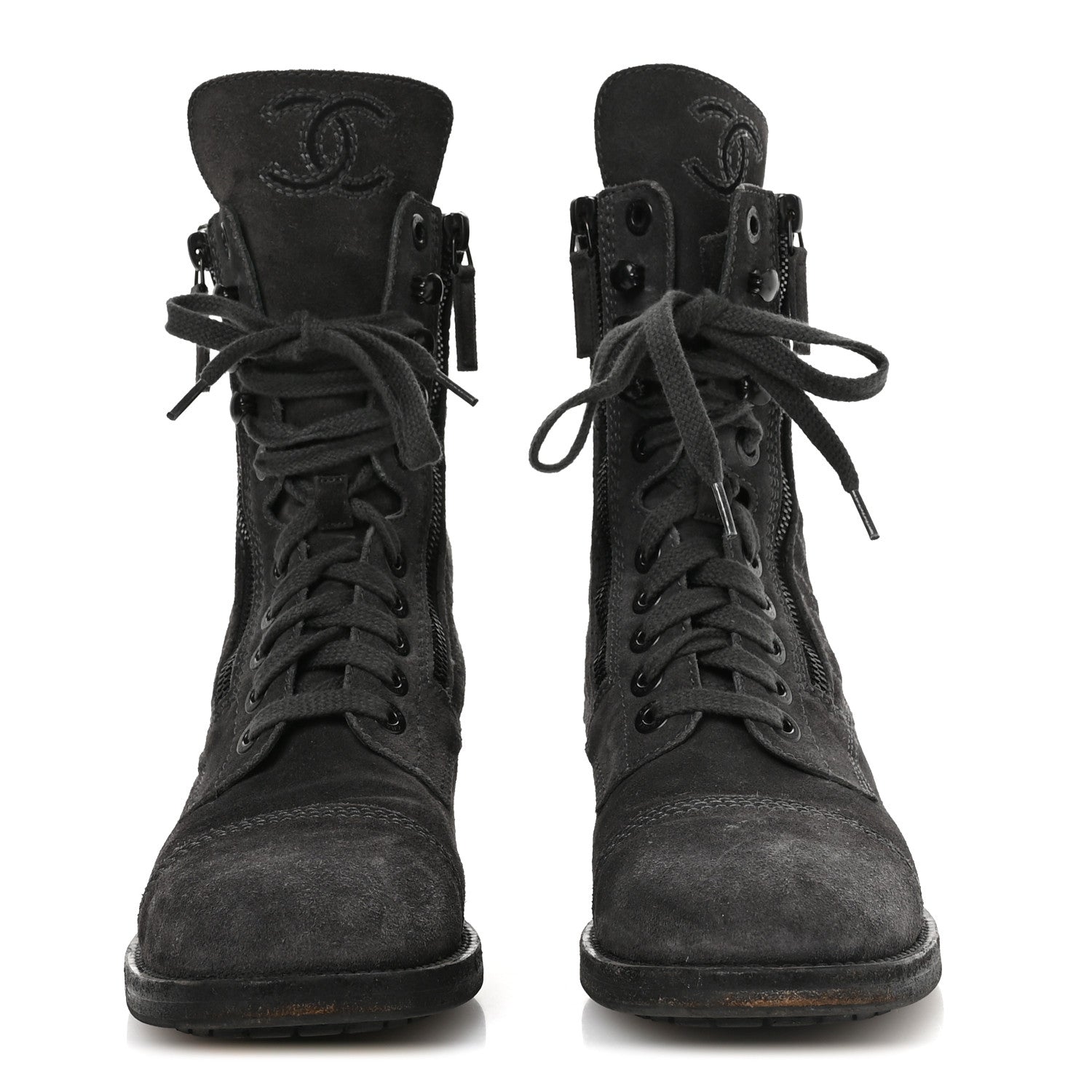 Suede Quilted CC Tall Lace Up Combat Boots 38 Grey