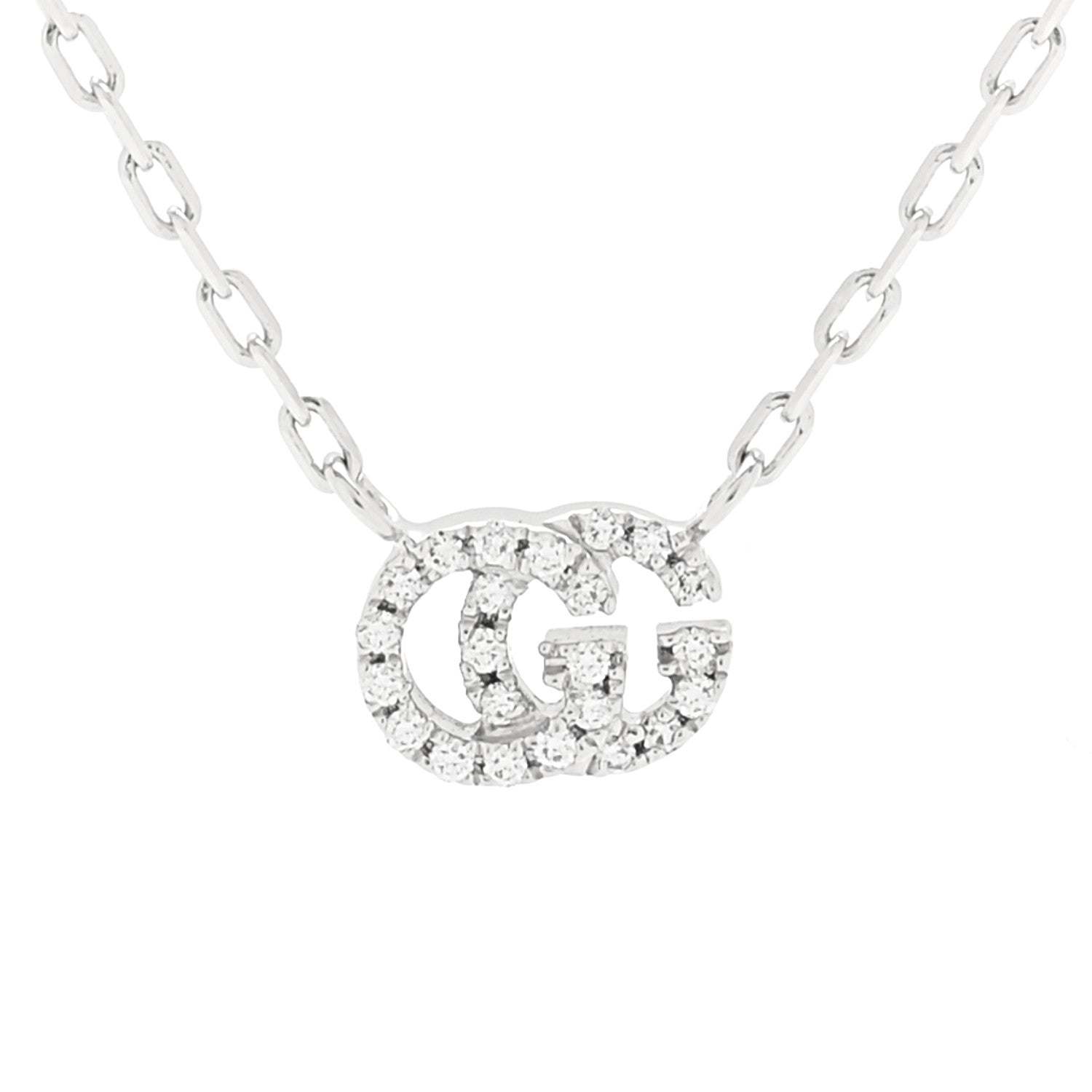 18K White Gold Diamond Running GG Pendant Necklace