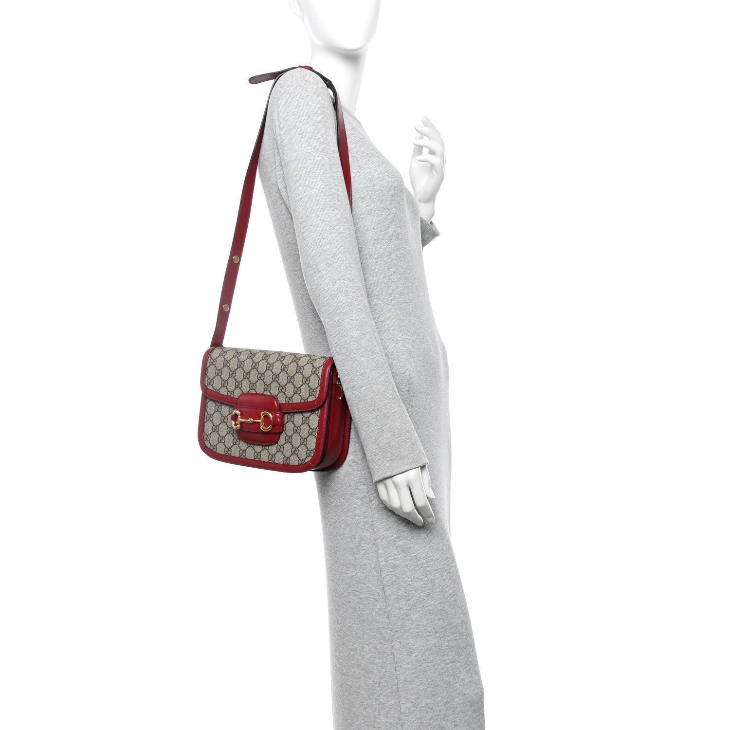 GG Supreme Monogram Azalea Calfskin Horsebit 1955 Shoulder Bag Beige Ebony New Cherry Red