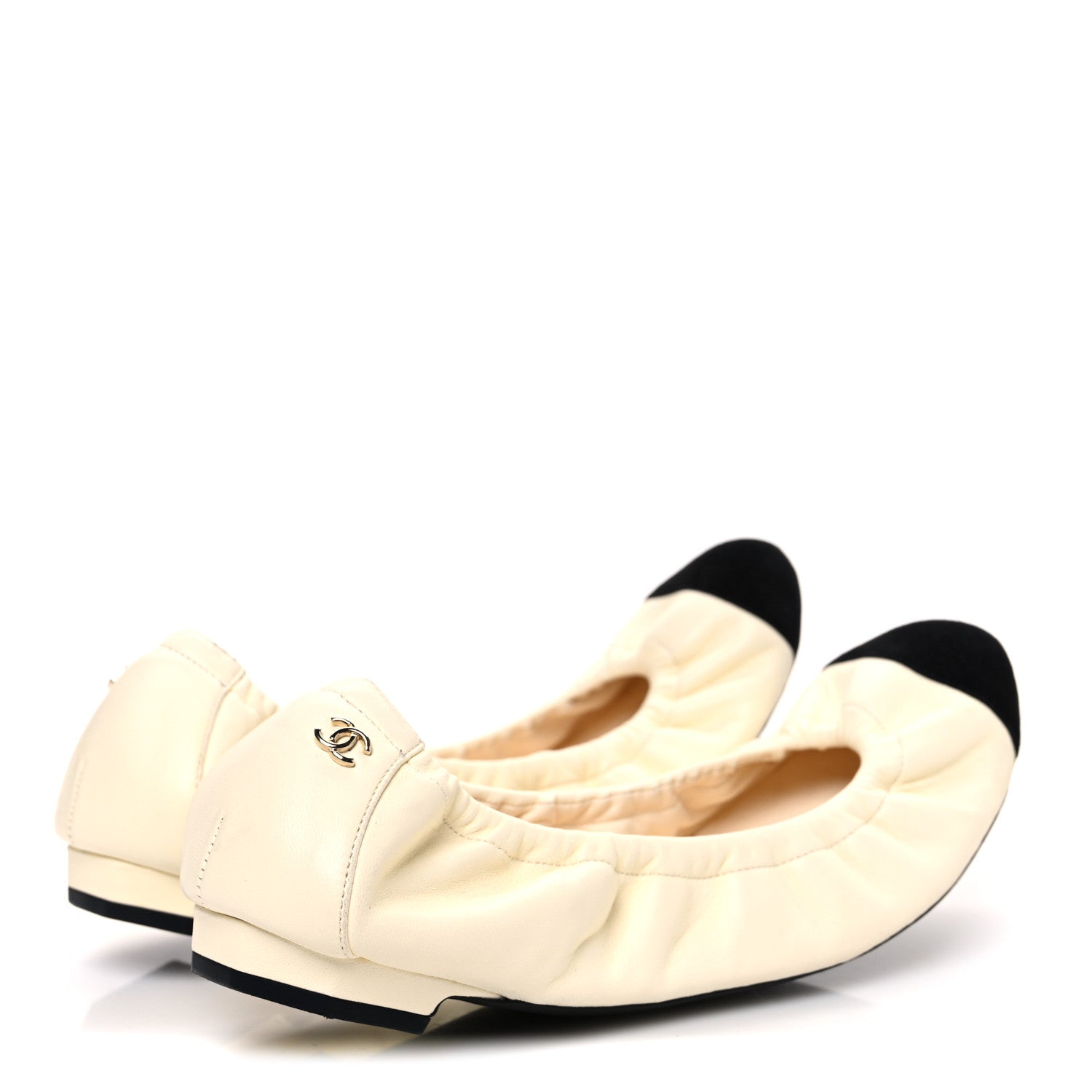 Lambskin Suede CC Elastic Cap Toe Ballerina Flats 39.5 Beige Black