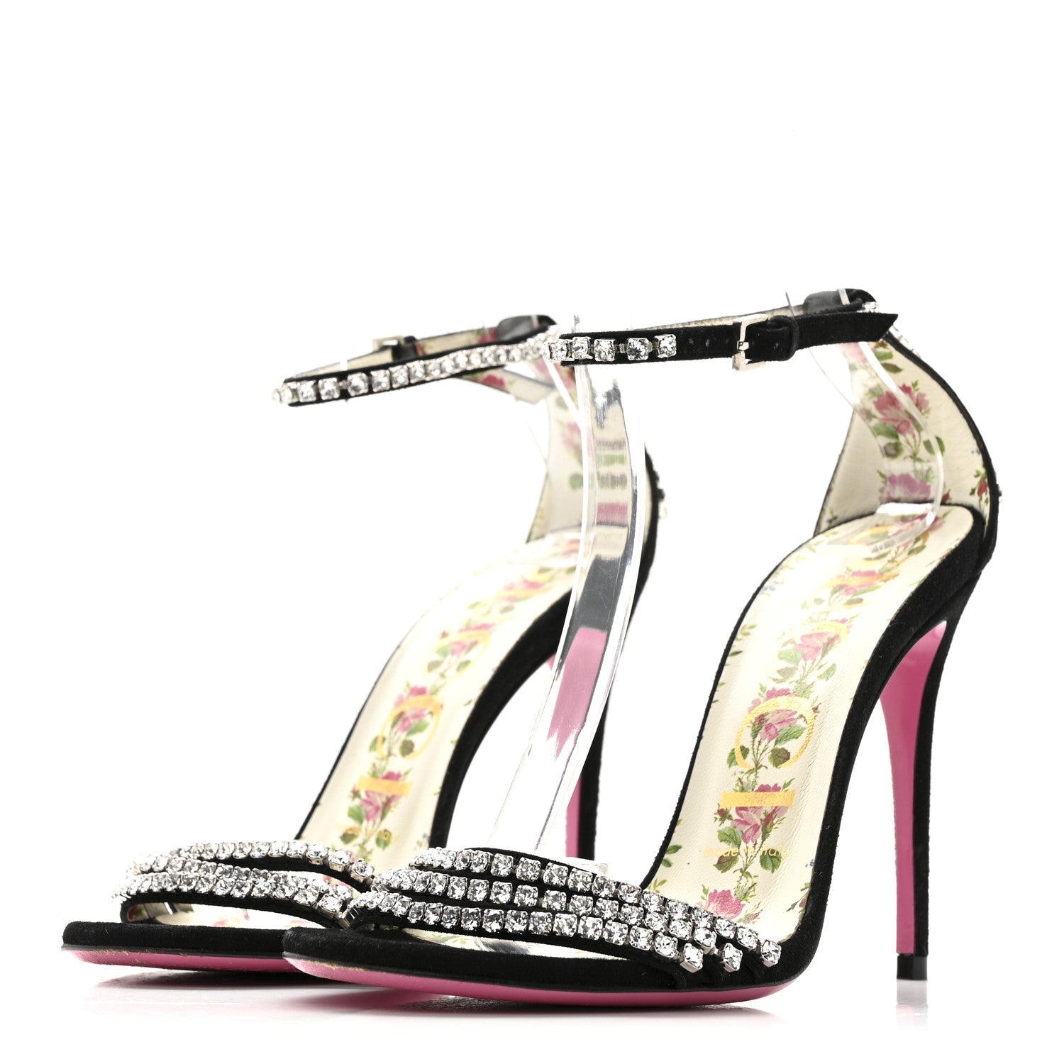 Kid Scamosciato Crystal Ankle Strap High Heel Sandals 36.5 Black