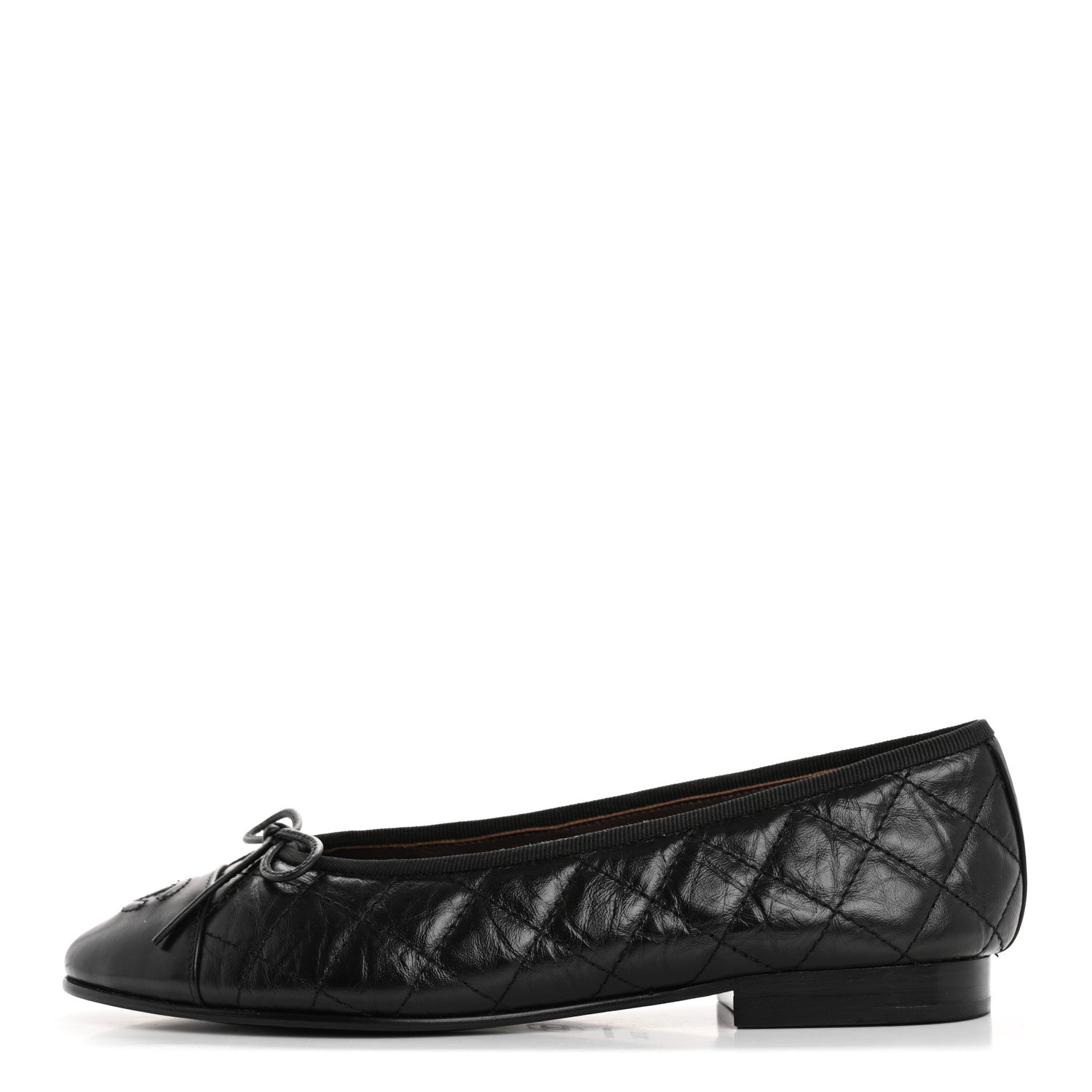 Aged Calfskin Quilted CC Cap Toe Ballerina Flats 37.5 Black